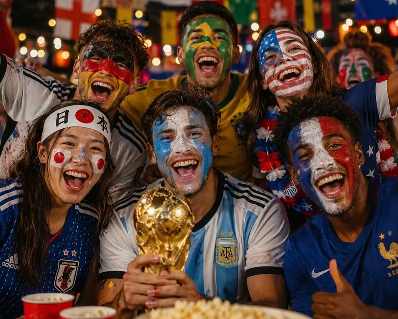Football fans from around the world celebrating with the FIFA World Cup 2026 trophy — watch live sports on Titan Plus TV IPTV