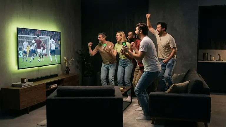 Friends watching live sports streaming on IPTV on a big-screen TV