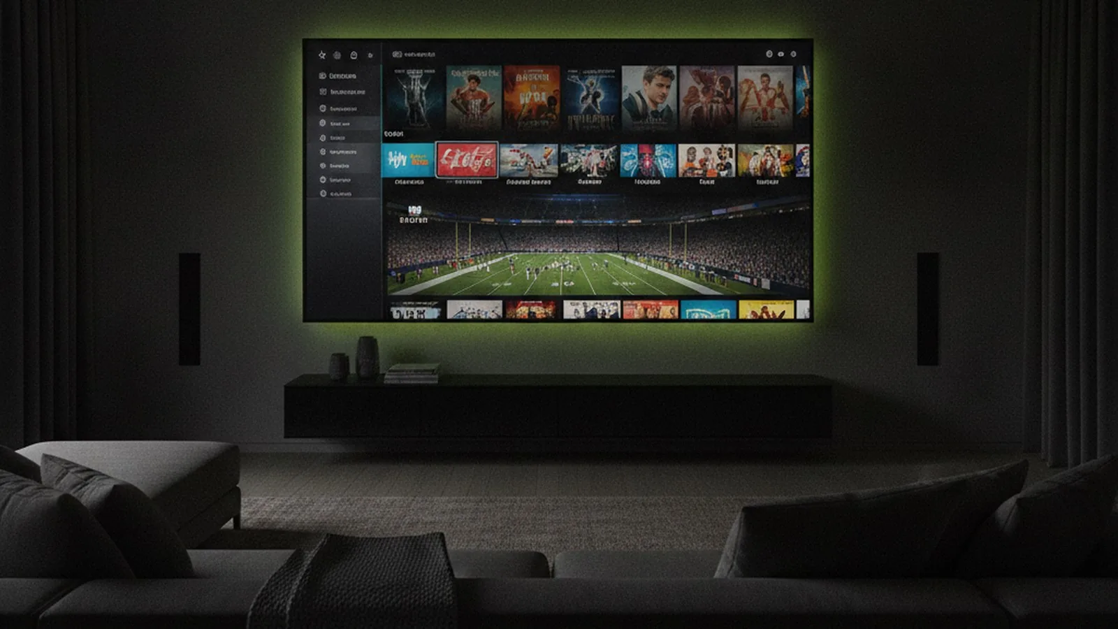Titan IPTV streaming interface with live sports and movies on a large 4K Smart TV